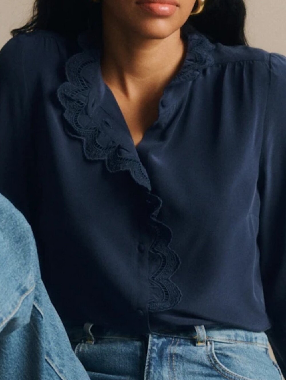 Sezane Navy Scalloped Lace-Edge Chloe Blouse